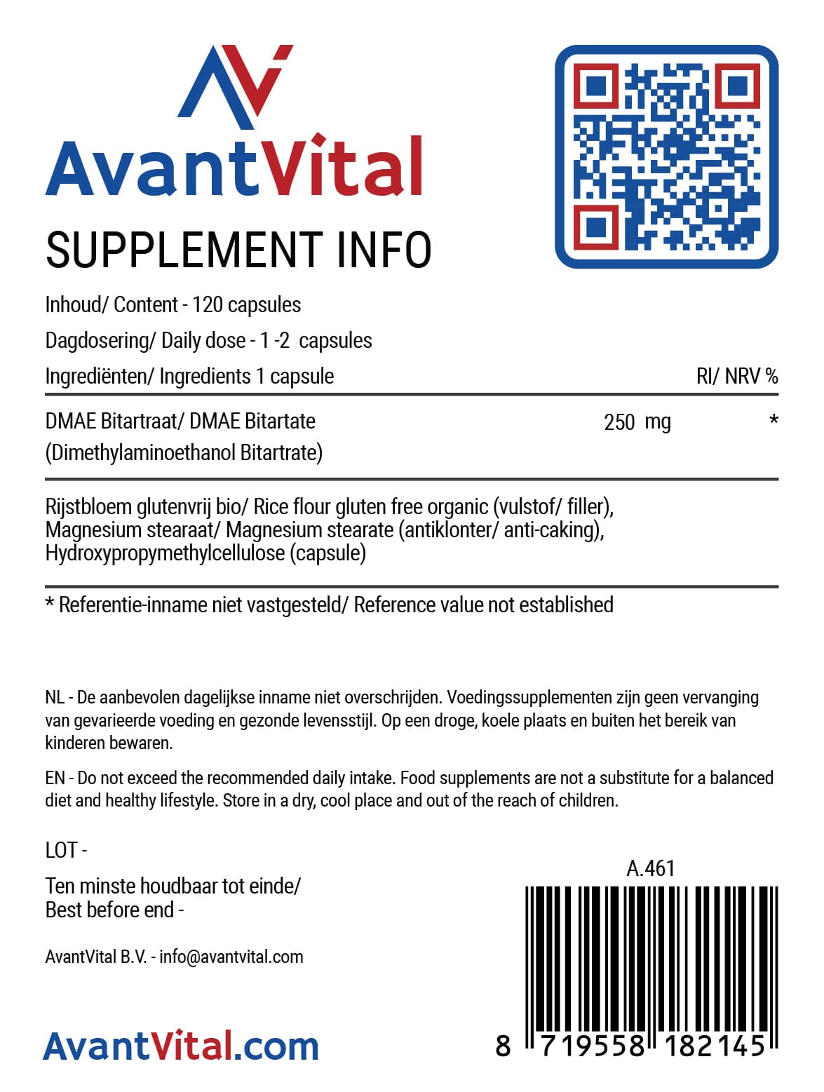 DMAE Bitartraat – 250 mg Choline 5 DMAE Bitartraat – 250 mg Choline AvantVital 5