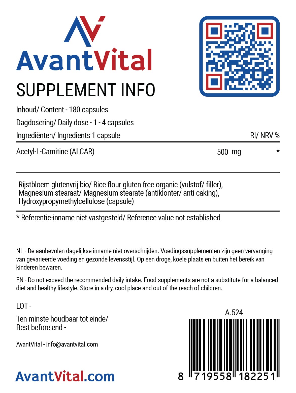 Acetyl-L-Carnitine (ALCAR) – 500 mg Sport & Fysieke Prestaties 5 Acetyl-L-Carnitine (ALCAR) – 500 mg Sport & Fysieke Prestaties AvantVital 5